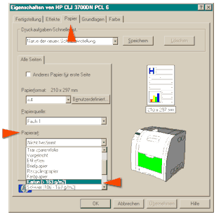 Einstellung der Papiersorte im Druckertreiber