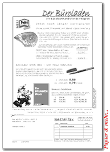 Beilagenwerbung f&uuml;r den B&uuml;roladen mit einem Laserdrucker auf D&uuml;nndruckpapier gedruckt. 