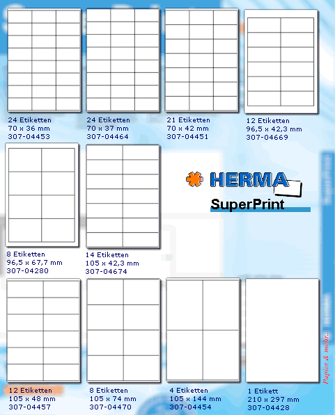 Sortiments&uuml;bersicht HERMA SuperPrint Etiketten f&uuml;r Laserdrucker, Tintenstrahldrucker und Farbdrucker