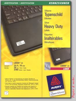 20 Bogen Avery Typenschild - Etiketten L6008, silber, 24.4 x 10 mm