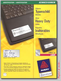 20 Bogen Typenschild - Etiketten L6011, silber, 63.5 x 29.6 mm