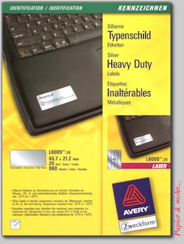 20 Bogen Avery Typenschild - Etiketten L6009, silber, 45.7 x 21.2 mm
