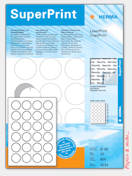 25 Bogen HERMA SuperPrint 4234 40 mm rund - Sicherheitsetiketten