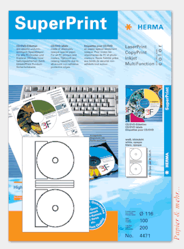 100 Bogen HERMA  CD / DVD - Etiketten 4471,  f&uuml;r Laserdrucker und Tintenstrahldrucker