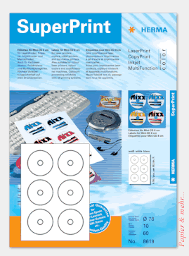 60 HERMA Mini CD Etiketten 8619 f&uuml;r Laserdrucker und Tintenstrahldrucker 