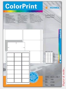 100 Bogen HERMA 8650 ColorPrint Etiketten f&uuml;r Farblaser, 63.5 x 38.1