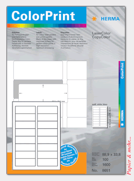 100 Bogen HERMA 8651 ColorPrint Etiketten f&uuml;r Farblaser, 88.9 x 33.8 mm
