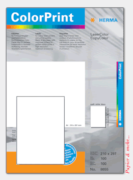 100 Bogen HERMA ColorPrint 8655 Etiketten f&uuml;r Farblaser, 210 x 297 (DIN A4)