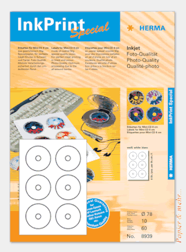 60 Mini HERMA CD Etiketten 8639 f&uuml;r Photodrucker und Tintenstrahldrucker 