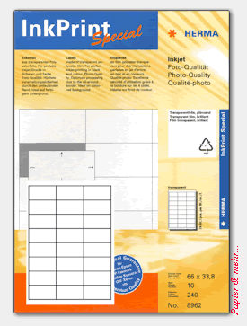 10 Bogen HERMA Folien-Etiketten mit je 24 transparente Etiketten f&uuml;r Tintenstrahldrucker 66,0 x 33,8 mm