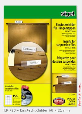 156 Sigel Einstechschilder f&uuml;r H&auml;ngemappen, 60 x 21 mm, LP 720