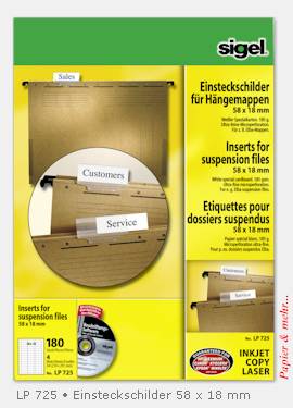 180 Sigel Einstechschilder f&uuml;r H&auml;ngemappen, 58 x 18 mm, LP 725